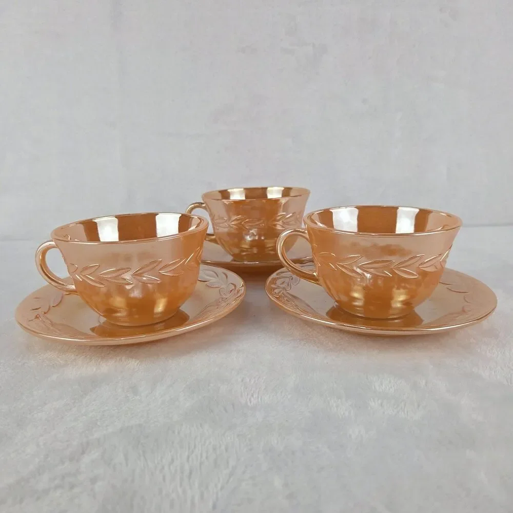 Vintage Set Of 3 Fire King Peach Luster Coffee Tea Cups And Saucers USA